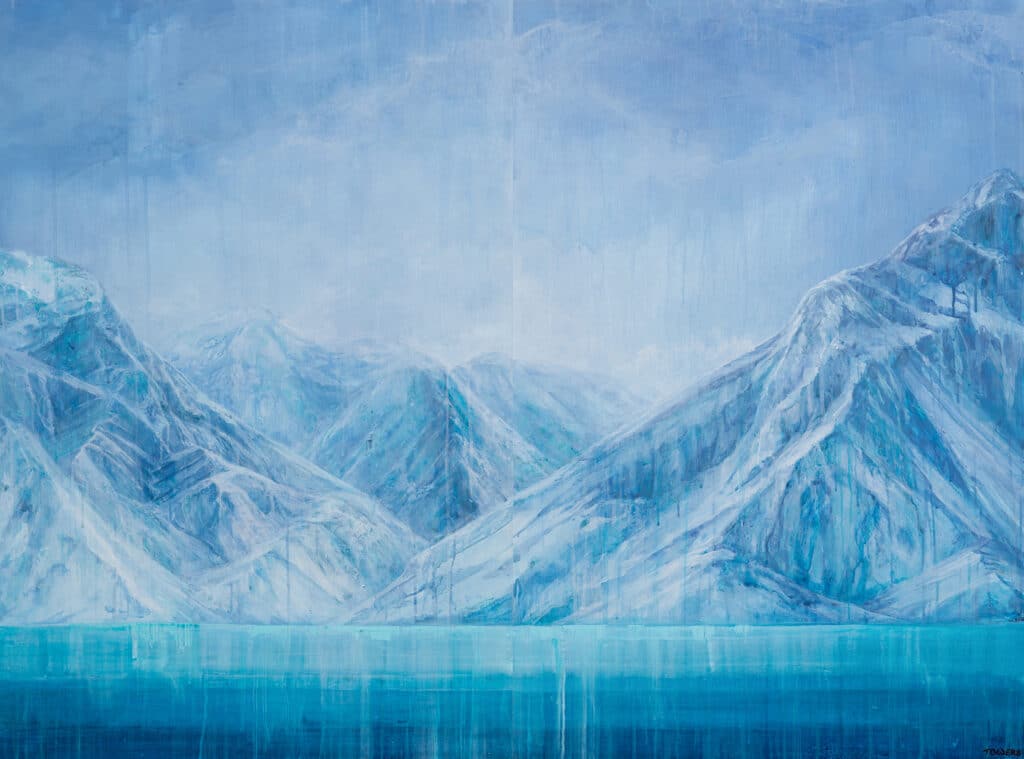 A painting by Tim Owers of a mountainous, glacial landscape inspired by scenes of New Zealand.