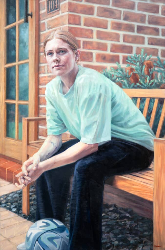 Painted portrait by Central Coast artist Tim Owers of Cortnee Vine. Cortnee Vine plays for the CommBank Matildas, the Australian women’s national football team, and for Sydney FC in the Liberty-A League. This work is an oil painting on board.