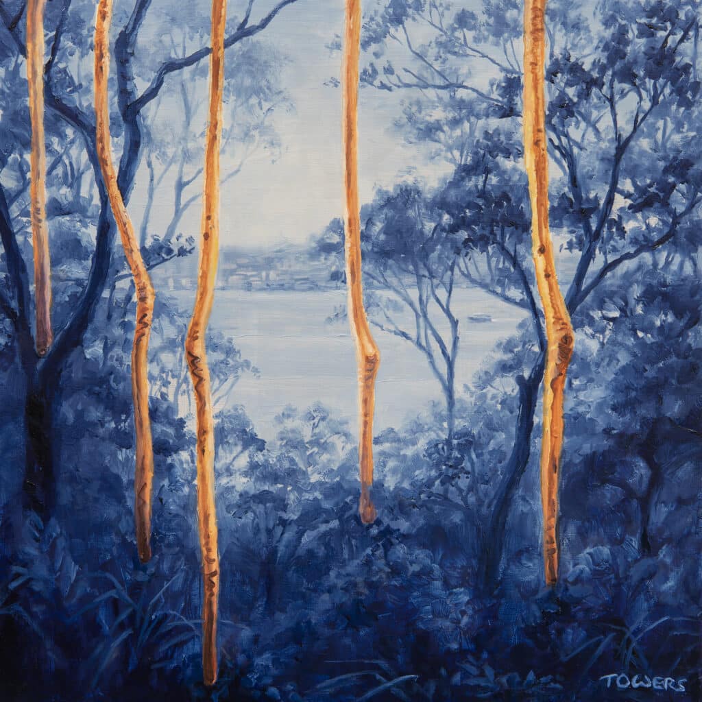 Painting by Tim Owers of a group of Sydney Red Gums (Angophora costata) situated at Taylors Bay Track with a view to Vaucluse.