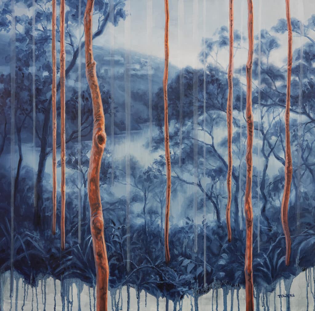 Painting of a group of Sydney Red Gum eucalyptus trees, situated at Mosman with a view towards Clifton Gardens.
