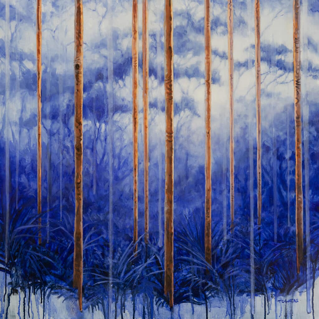 Painting of a group of Sydney Red Gum eucalyptus trees, situated at Wyrrabalong National Park, The Entrance, NSW.