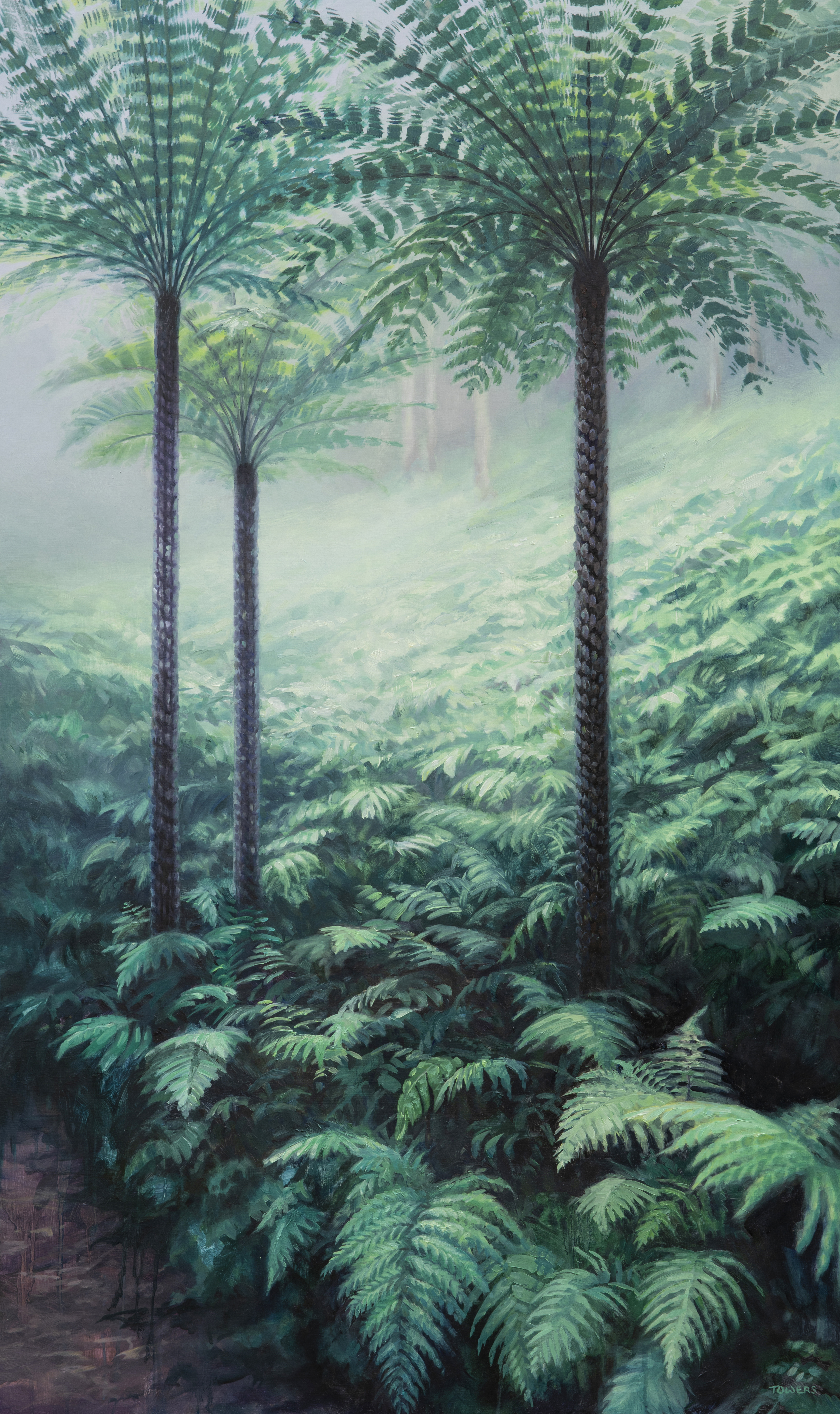 Oil painting of three tree ferns in a foggy ravine environment