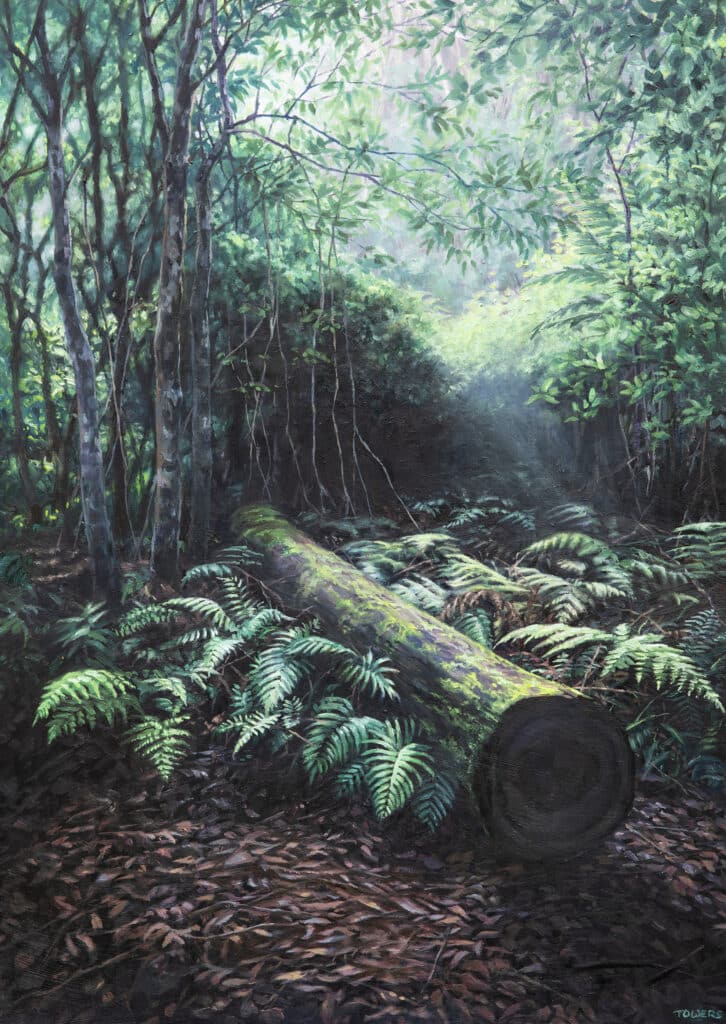 An oil painting depicting a fallen tree, dense scrub and bracken fern